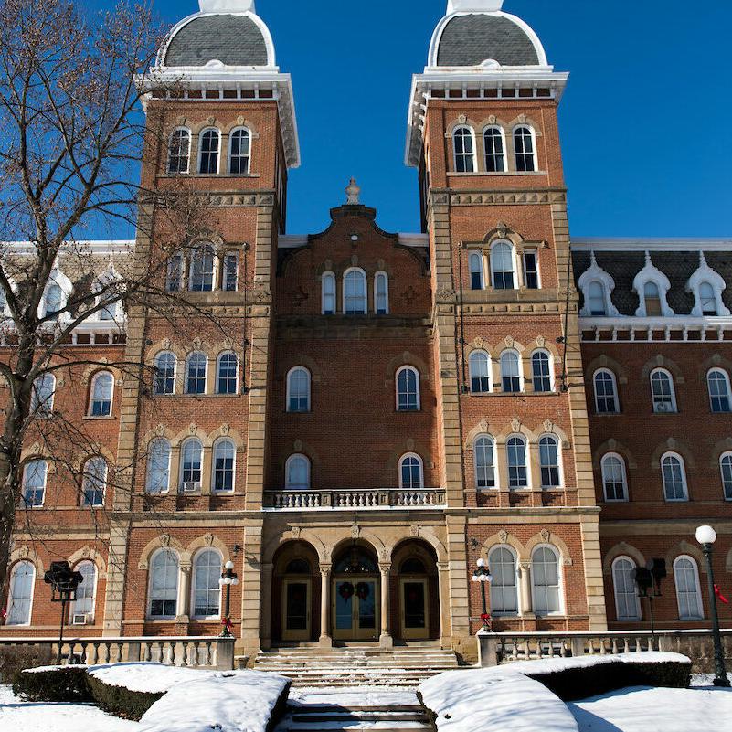 Snow covers the ground and buildings, including Old Main, January 3, 2018 on the campus of Washington &amp; Jefferson College.